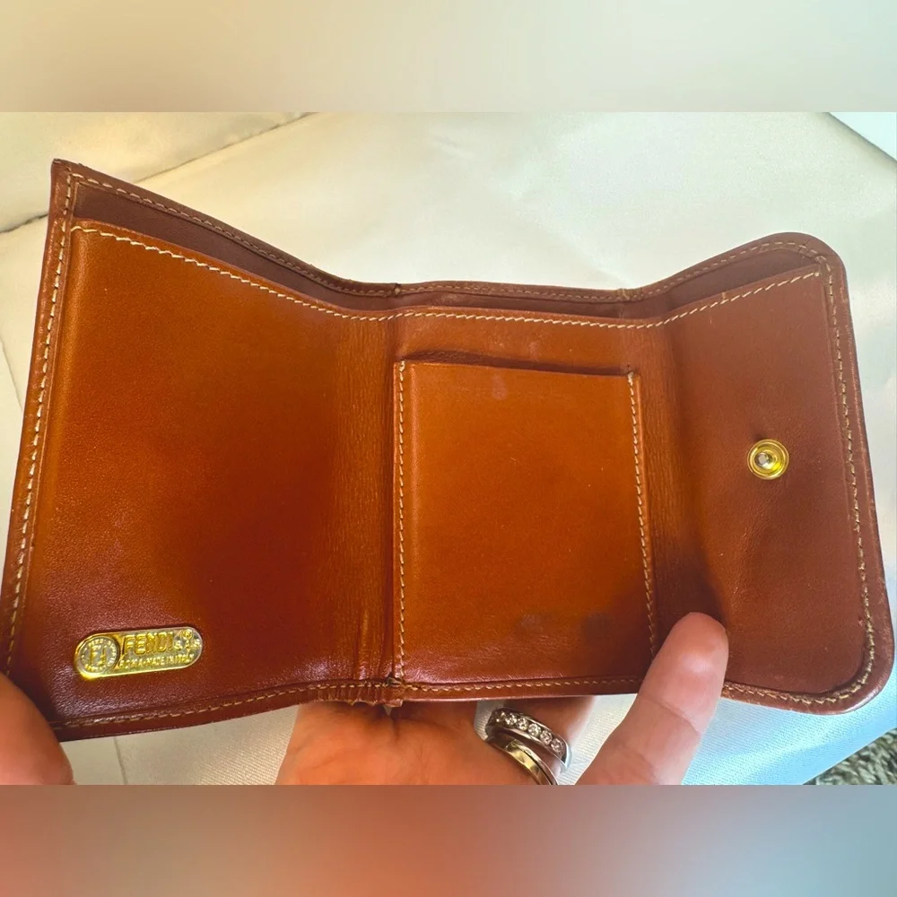 Fendi Wallet Pequin Stripe Trifold Cuoio Brown Leather Kiss Lock Rare Vintage - Picture 5 of 9